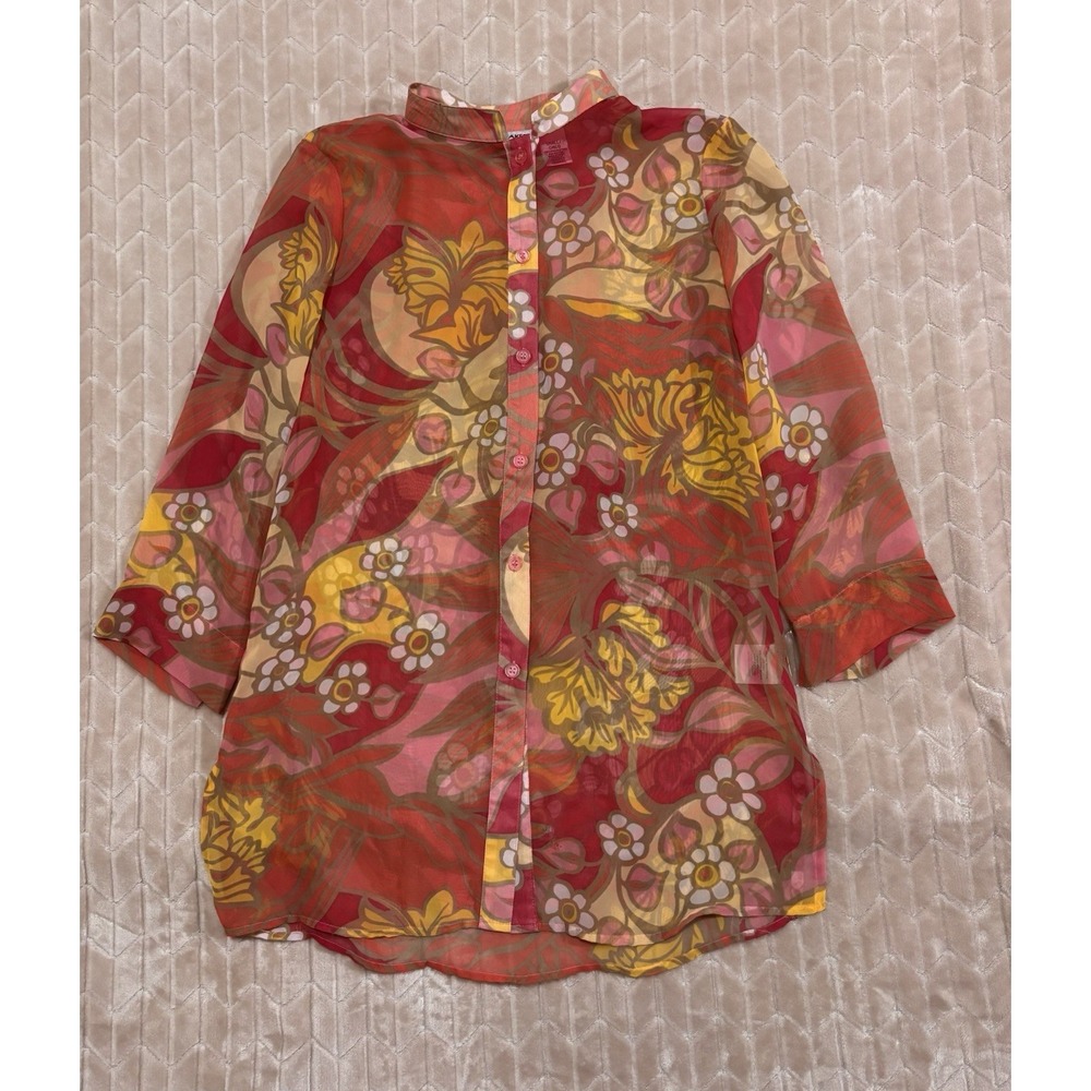 Vintage Retro Psychedelic Floral Sheer Tunic - 70s Mod Mesh Button Up S